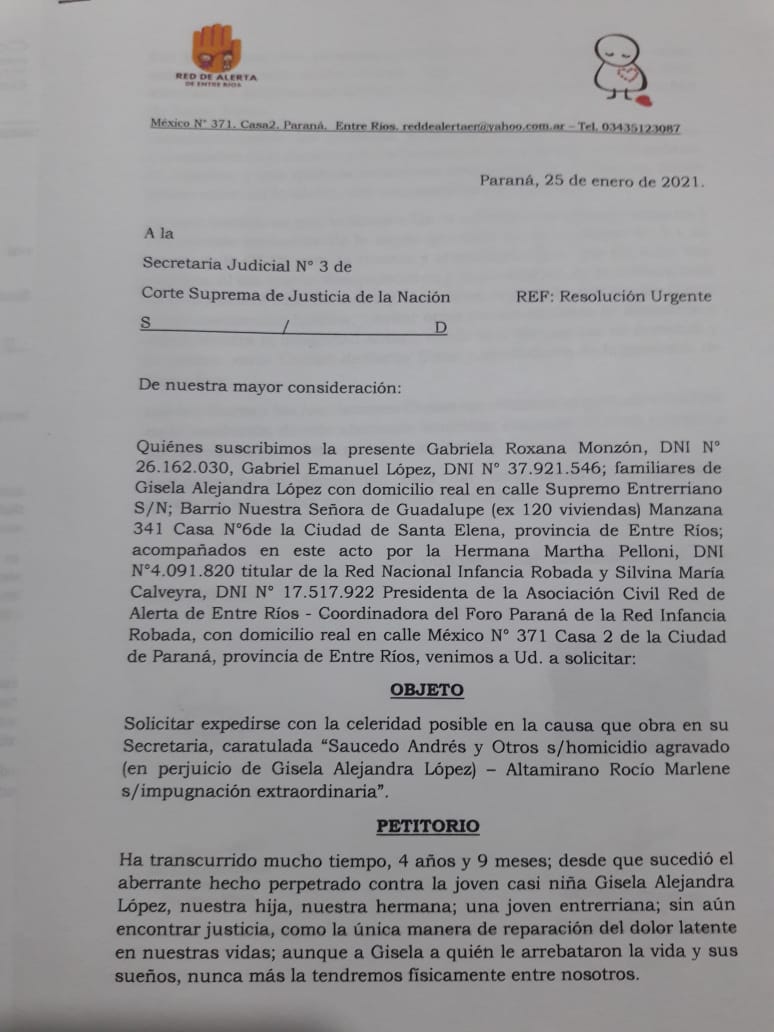 presentación CSJN 1 Gisela López Red de Alerta Infancia Robada 2