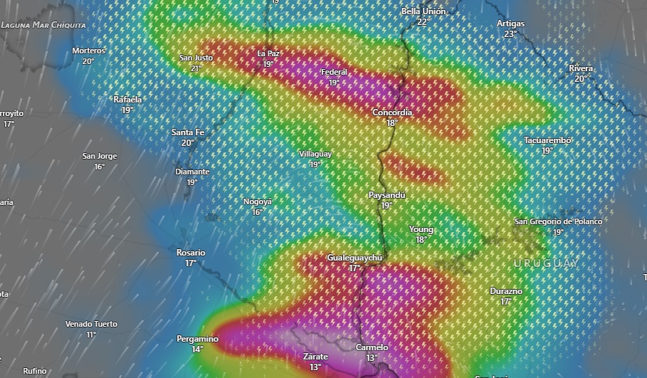 Previsión del radar para el jueves a la tarde. Captura: Windy.com